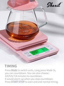 shoxil 1pc Pink Coffee Scale With Timer, LCD Backlight Display, High Accuracy Kitchen Food Scale With Tare Function, 6.6LB/3KG Max Load, 0.1g Precision Sensor (Batteries Not Included)