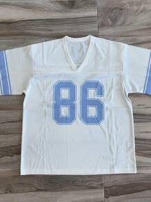 Womens Y2k Oversized Jersey Tops Half Sleeve V Neck Letter Graphic Loose T-Shirts Tunics Jersey Blokecore Aesthetic Streetwear - 白色 - 查看 5