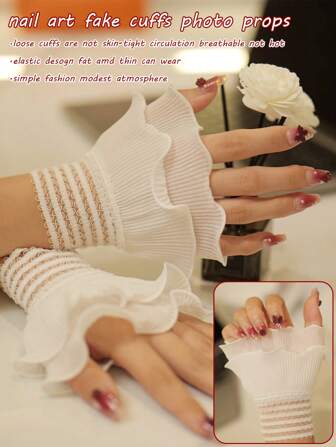 1 Pc/1 Pair White Pleated Gauze Mesh Lace Nail Art Deco Fake Sleeves, Elastic Wrist Cuffs, Used To Shoot Nail Salon Works, Pleated Chiffon Fake Sleeves, Japanese Lace Decorations