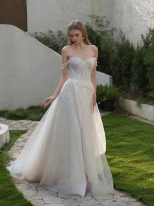 ANGELAG Women's Applique Decor Off-Shoulder Side Slit Mesh Hem Elegant Wedding Dress - IV+ Skin - View 6