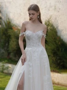 ANGELAG Women's Applique Decor Off-Shoulder Side Slit Mesh Hem Elegant Wedding Dress - IV+ Skin - View 7