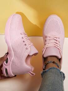 Women's Shock Absorbing Air Cushion Soft Bottom Lace-Up Solid Color Fashion Thick Sole Low-Top Casual Sneakers, Athletic Shoes For Running - Pink - View 3