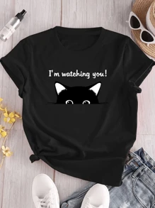 Cute Cat Print Ladies T-Shirt, Casual Short Sleeve Round Neck, Soft And Comfortable Top - 黑色 - 查看 1