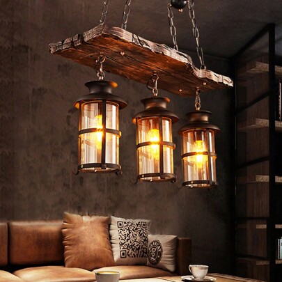 Rainaut 40W Rustic Wood 3 Heads Chandelier Industrial Ceiling Lamp Pendant Light Hanging, 110V, (Bulbs Not Included)