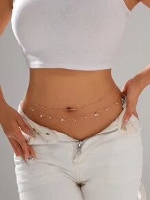 1pc Vintage Asymmetrical Pearl Tassel Sexy Waist Chain Belly Button Ring, Women Casual Beach Resort Party Body Jewelry