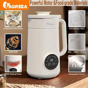 IAGREEA Automatic Nut Milk Maker, 35oz/1000ml Homemade Almond, Oat, Soy, Plant Based Milk And Day Free Beverages, Almond Milk Maker, Wall Breaking Machine, Portable Juice, Temperature Control, Intelligent Touch Control, Self-Cleaning