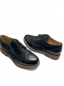 女士纯色系带简约粗跟休闲平底鞋，日常穿着 - 黑色 - 查看 3