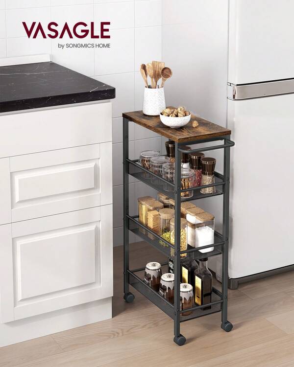 VASAGLE 4-Tier Trolley, Space-Saving Kitchen Cart With Wheels, Steel Frame, Handle, Trolley For Small Spaces, 22 X 45.5 X 77 Cm, Kitchen Bathroom Living Room Studio, Rustic Brown And Black