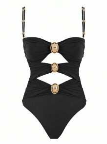 Sexy One Piece Swimsuit Color Blocking Halter Bikini With Metal Clasp Design