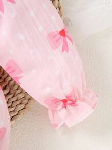 Conjunto de body con mangas con volantes y estampado de lazos + diadema para bebé niña, adorable, para primavera/otoño - Rosa - Ver 6
