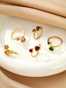 1 件/5 件不锈钢双心设计戒指套装，金色时尚简约女士珠宝，适合日常佩戴或送礼 - 金黃色 - 查看 2