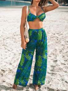 3-Piece Bikini Set With High Slit And Tropical Print, Beach Cover-Up For Summer. - Verde - Ver 1