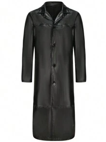 Father's Day Gift Men's Long PU Leather Trench Coat, Over Knee Design, Spring & Autumn - Black - View 6