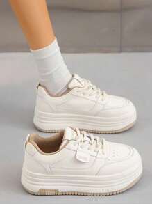 Zapatillas altas de mujer estilo callejero americano con suela gruesa.Zapatillas deportivas con cordones de otoño para mujeres,Zapatillas deportivas de moda de color combinado,Zapatillas de deporte para mujer estilo callejero americano con suela gruesa y transpirablesZapatillas de mujer con plataforma estilo callejero americano y diseño transpirable,otoño,para caminar y correr al aire libre - Beis - Ver 7