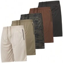 Mens 5 Pack Athletic Running Shorts, Basketball Gym Workout Shorts For Men With Zippered Pockets - 黑色,咖啡色,卡其色,深橄欖色/迷彩綠 - 查看 1