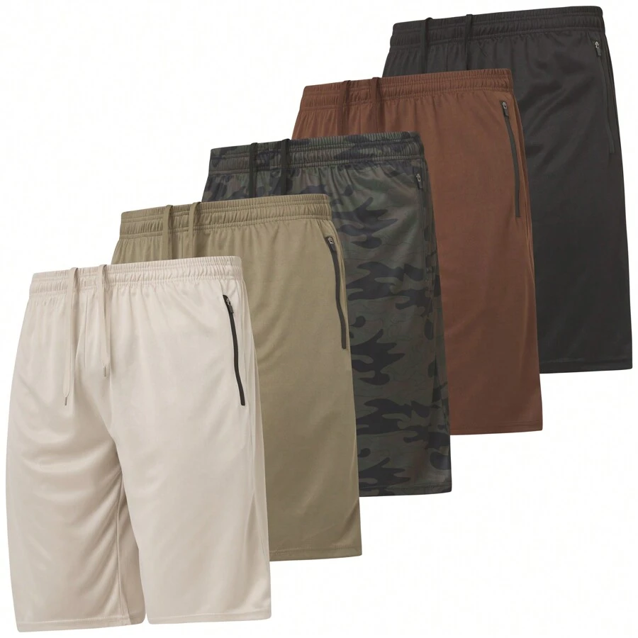 Mens 5 Pack Athletic Running Shorts, Basketball Gym Workout Shorts For Men With Zippered Pockets - 黑色,咖啡色,卡其色,深橄欖色/迷彩綠 - 查看 1