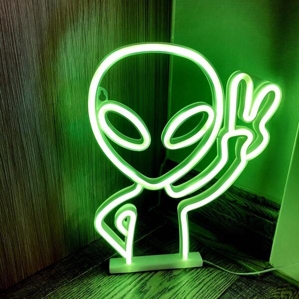 1 peça de luz decorativa LED neon verde alienígena com gesto de mão, 11,3 x 8,7 x 0,7 polegadas, 28,8 x 22,2 x 1,8 cm, luz de mesa ou parede alimentada por bateria ou USB, adequada para quarto de meninas, sala, bar, quintal, festa de aniversário, dia dos namorados, dia das mães, decoração para casa e artigos para feriados