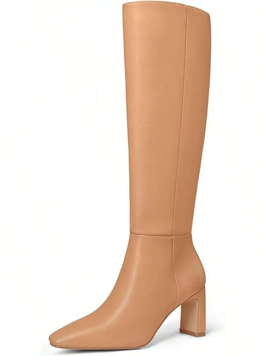 MUCCCUTE Knee High Boots For Women Chunky Heel Square Toe With Side Zipper Pull On Tall Fall BotasChristmas - Tan-chunky Heel - View 1