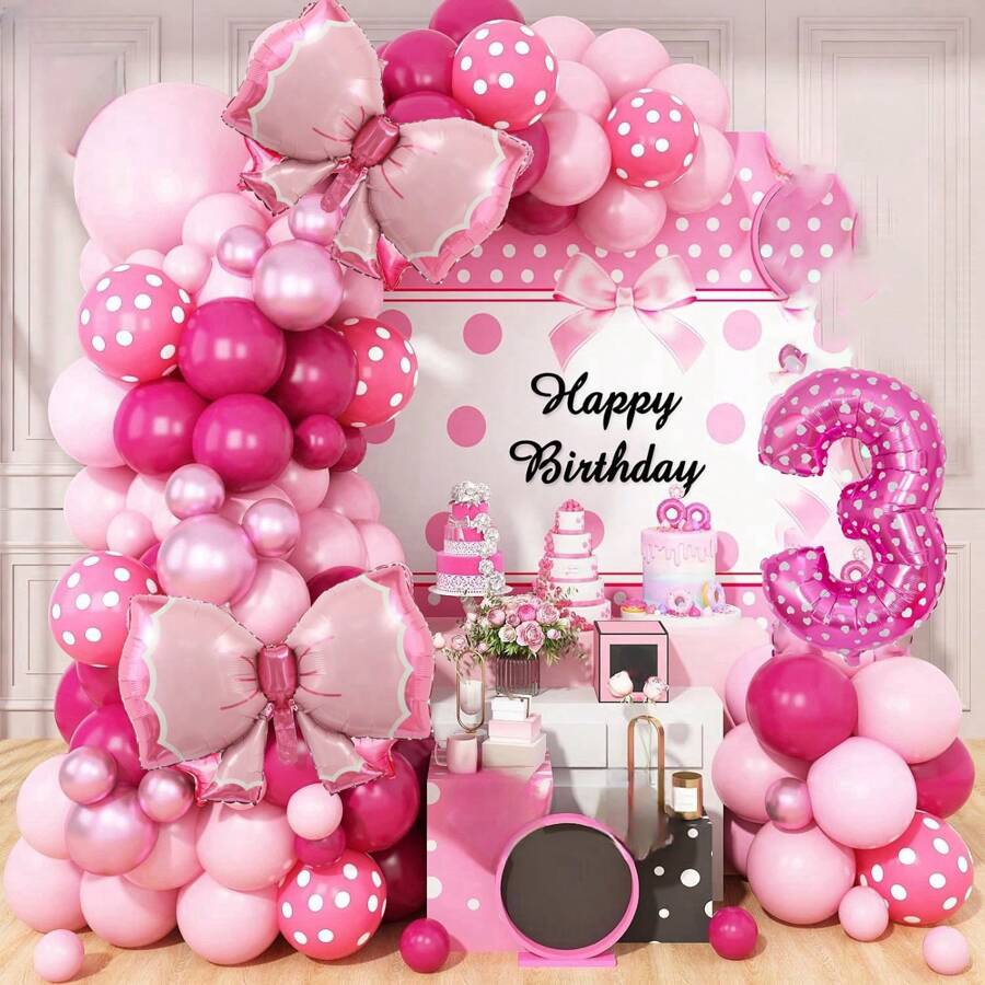 100个粉色小老鼠123456数字气球，适合2岁生日装饰，亮粉色玫瑰波点气球拱门套装，巨型蝴蝶结铝箔气球，粉色数字2气球塔，适合女宝宝派对、公主老鼠主题派对等。