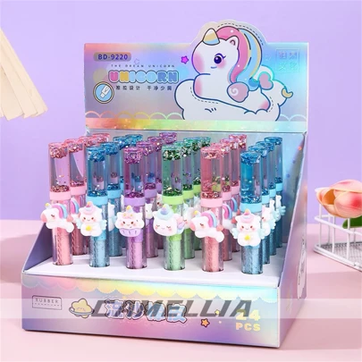 Kit 4/8/12 peças Borracha Escolar Retratil Sweep de Urso e Unicórnio e patinho