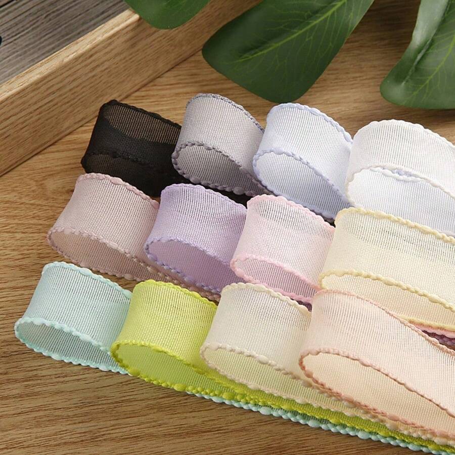 Solid Color Bean Shape Pom Pom Edge Ribbon, DIY Handmade Bow Decoration, Fabric Ribbon For Gifts, Hats - Multicolor - View 1