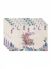 1pc/4pcs/6pcs Purple Ramadan Flower, Star, Moon Candle Placemats, Cloud Linen Dining Mat, Dirt Resistant Placemats Suitable For Home, Restaurant, Dining Table Decor, Home Goods - Multicolor - View 11