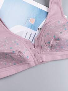 Set de 3 piezas Sujetador sin aros de talla grande con estampado floral y cierre delantero para mujeres, con tirantes anchos y suaves, lencería transpirable