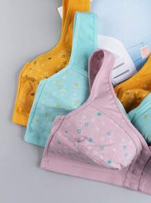 Set de 3 piezas Sujetador sin aros de talla grande con estampado floral y cierre delantero para mujeres, con tirantes anchos y suaves, lencería transpirable