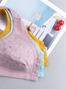 Set de 3 piezas Sujetador sin aros de talla grande con estampado floral y cierre delantero para mujeres, con tirantes anchos y suaves, lencería transpirable