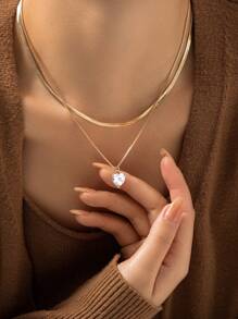 Nooxian 2pcs/Set Fashionable Sparkly Zirconia Heart Pendant Stainless Steel Box Chain Necklace, Layered Titanium Steel Choker Necklace For Women, Gold Color