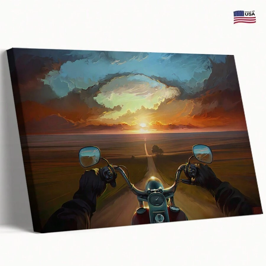 Motorcyce Rider Oil Painting Wall Art, Sunset Landscape With Motorcycle Rider Canvas Picture Wall Decor For Office Home Living Room Bedroom Framed Ready To Hang