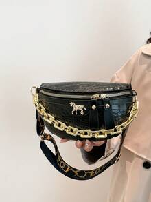 压纹纯色鳄鱼压纹链条装饰女士腰包、斜挎胸包、时尚 PU 单肩包 - 黑色 - 查看 5