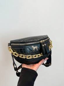 压纹纯色鳄鱼压纹链条装饰女士腰包、斜挎胸包、时尚 PU 单肩包 - 黑色 - 查看 4