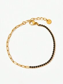 1pc Vintage Luxury 18K Gold Plated Stainless Steel Rhinestone Decor Chain Bracelet, Daily Wear & Wedding Gift For Women