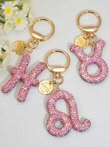 1pc Soft Clay Rhinestone Zodiac Keychain, Pink, Gift For Friends On Valentine's Day - White - View 3