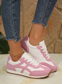 Vintage Stil Plateau Sneaker mit Leder Patchwork, runde Zehe Schnürschuhe für Lässig, Studenten und Outdoor Sport, modische vielseitige Gump Schuhe, Laufschuhe - Pink - Übersicht 8