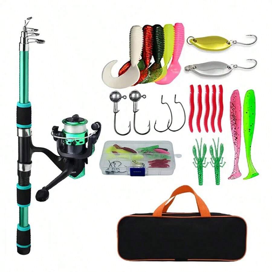 Fishing Pole Set Full Kits With Telescopic Fishing Rod And Spinning Reel Baits Hooks Travel Pole Set - Green - View 1