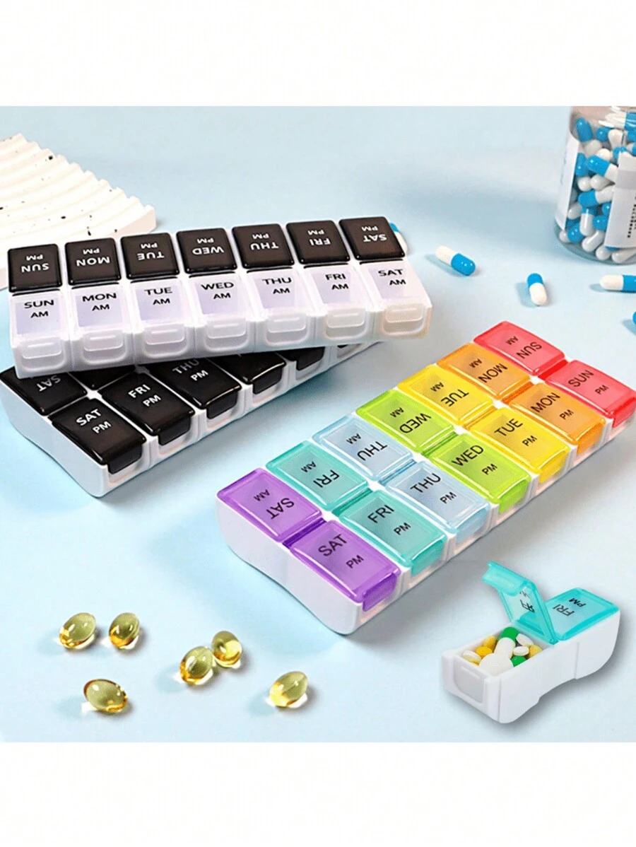 1PC 创新彩虹黑白透明盖子设计大容量7天14隔间AM/PM迷你隔间彩色组合药丸收纳盒，可拆卸每周药丸盒，便携式多色可分离维生素及补品储存盒，每日定时提醒，健康管理助手，家庭必备药盒，便携式个人药盒 - 彩色 - 查看 1