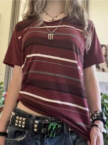 Women Vintage Grunge Top Short Sleeve Striped T-Shirt Goth Emo Tee Shirt Y2K Aesthetic Clothes Harajuku - 紅色 - 查看 1