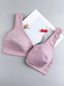 Set de 3 piezas Sujetador sin aros de talla grande con estampado floral y cierre delantero para mujeres, con tirantes anchos y suaves, lencería transpirable