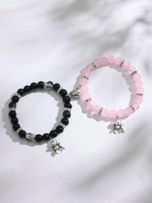 2件套空白粉色串珠手链，配蜘蛛吊坠，情侣款，时尚情侣饰品，完美的情人节礼物，适合所有季节 - 黑色和粉紅色 - 查看 4