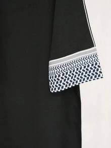 Women's Black Abaya, Contrast Geometric Sleeve Design, Fashionable & Elegant, Saudi Arabian Ladies Robe, Middle Eastern Women Long Dress - Black - View 3