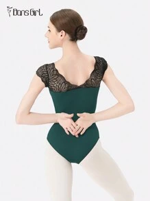 DonsGirl 1 件女式 V 领蕾丝拼布短袖紧身衣，优雅舞蹈连体衣 - 墨綠色 - 查看 8
