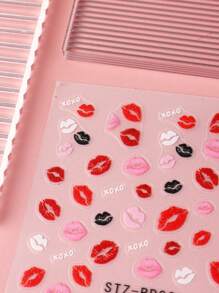 2PCS Glossy Kiss Print Nail Art Stickers, Red And Pink Lip Decals With Glitter Embellishment, Cartoon Love Theme Self-Adhesive Nail Decoration For Plastic Surfaces, Single Use, Unscented, Asymmetric Shape - Multicolor - View 5