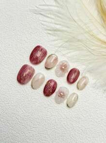 10 件/套 DIY 手工制作简单多样的手绘花朵图案，带珍珠装饰，日式轻奢贝壳金箔杏仁形温柔优雅风格美甲，包括 1 个凝胶和 1 个指甲锉，非常适合日常生活和派对服装贴片指甲用品按压指甲指甲 - 彩色 - 查看 5