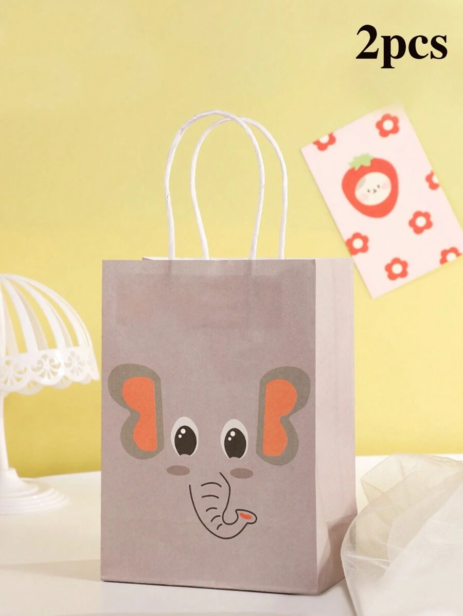 2/4/12pcs Kraft Paper Bags With Handles, Cartoon Animal Designs (Elephant, Monkey, Lion, Giraffe), Suitable For Gift Packaging, Party Favors, Retail Stores, Wedding Decorations, Birthdays, Valentine's Day, Reusable Shopping Bags - Multicolor - View 1