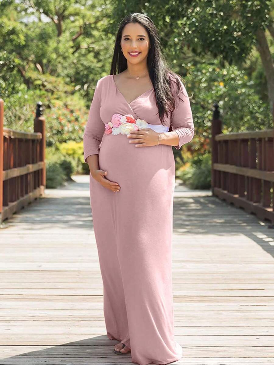 Pink Maternity Baby Shower Dress, Elegant Maxi Knitted Gown With Half Sleeves And Overlap Wrap Detail For Expectant Mothers - Hồng - Xem 1