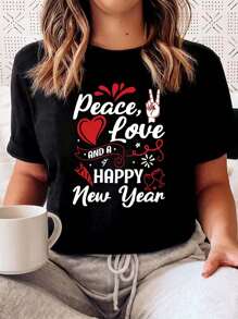 Happy New Year Printed Women's T-Shirt, Women's Casual, Fashionable, Comfortable, Soft, Athletic, Fitness, Daily, Outdoor, Cotton, Breathable, Crewneck, Short Sleeve Top, T-Shirt