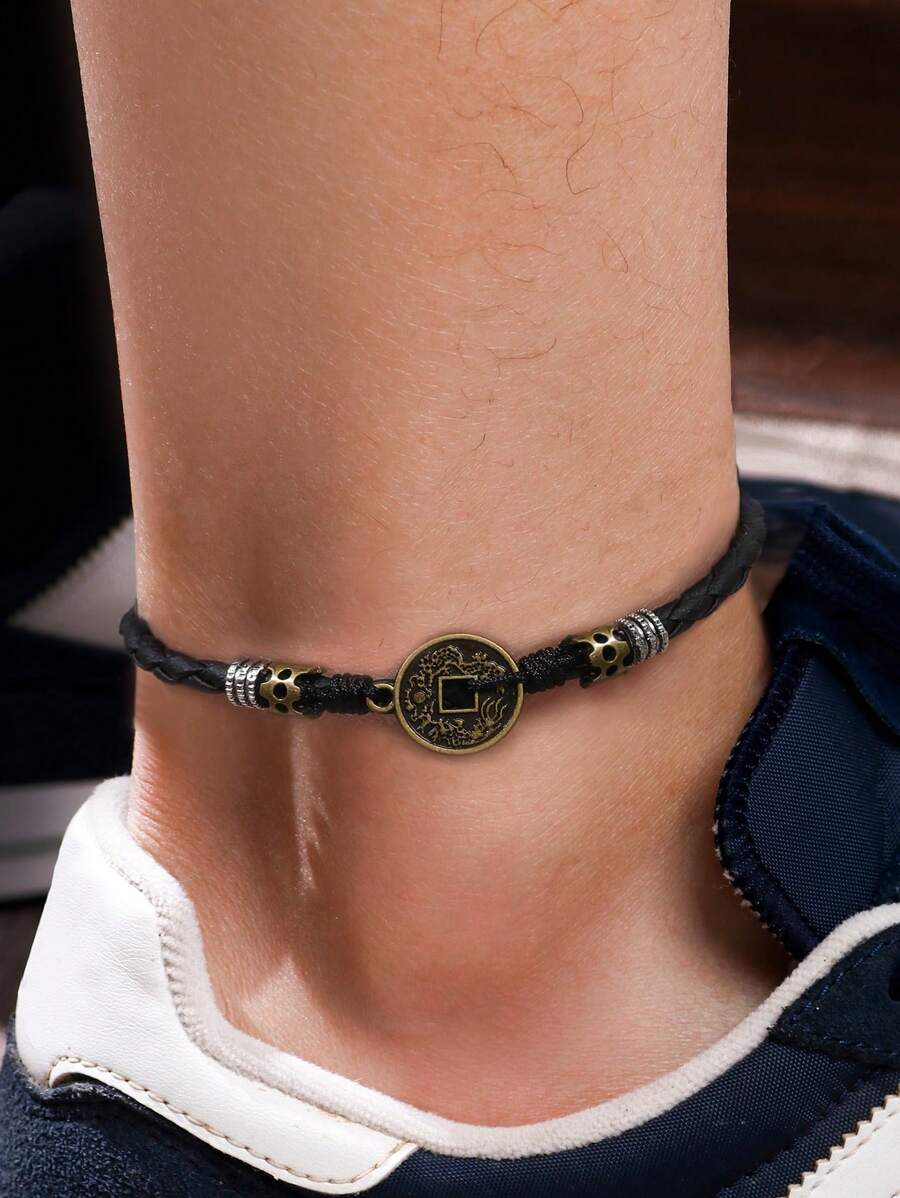 1pc Men's Fashion Simple Braided PU Leather Copper Coin Black Anklet