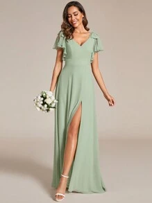 Chiffon Split Thigh Ruffle Trim Bow Shoulder Bridesmaid Dress - Mint Green - View 1